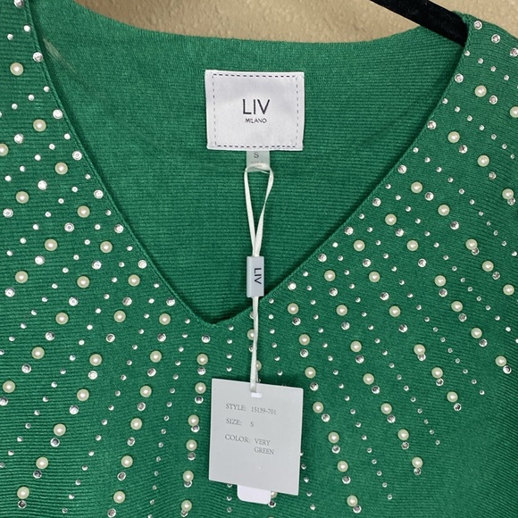 Liv Milano Green Sweater with Pearl Rhinestones NWT Size S - Picture 9 of 13